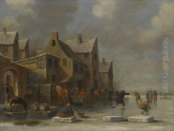 A Winter Landscape With A Resting Kolf Player And Other Figures Skating On A Frozen River Oil Painting by Thomas Heeremans