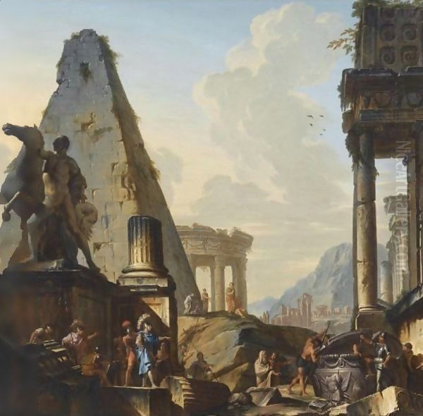 Capriccio Of Classical Ruins With Alexander The Great Opening The Tomb Of Achilles Oil Painting by Giovanni Niccolo Servandoni