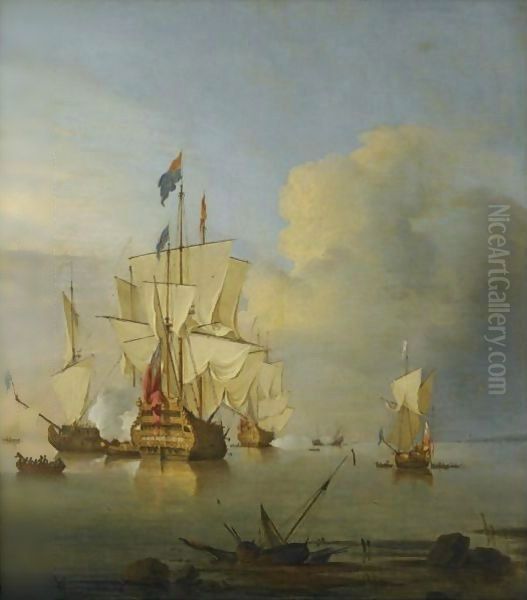 British Men Of War At Anchor With The Royal George Firing A Salute Oil Painting by Peter Monamy