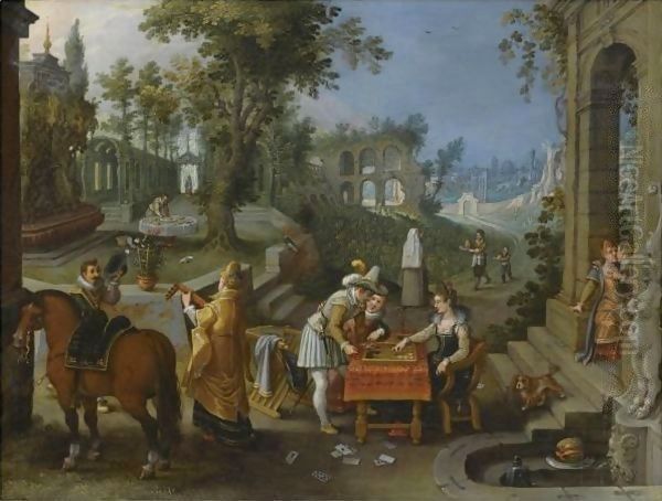 A Palace Garden With Elegant Figures Playing Backgammon Oil Painting by Sebastien Vrancx