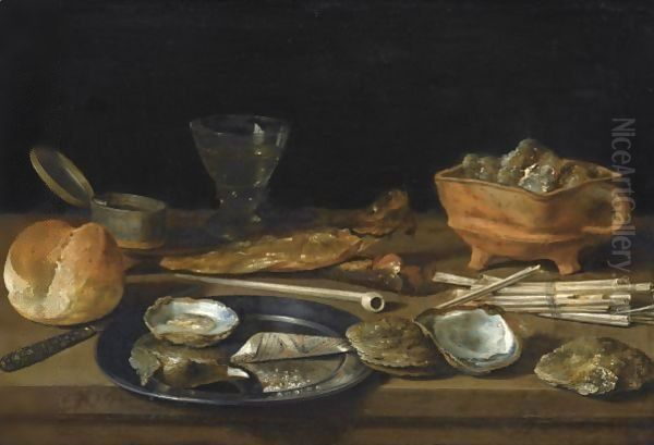 Still Life With A Brazier, A Wine-Glass, A Bread Roll, Smoking Paraphenalia, Two Herrings And A Pewter Plate Oil Painting by Pieter Claesz.