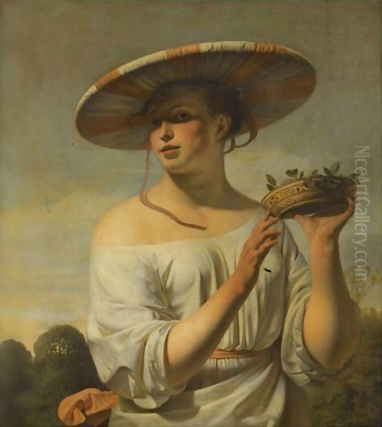 Girl Holding A Basket Of Plums Oil Painting by Caesar Van Everdingen