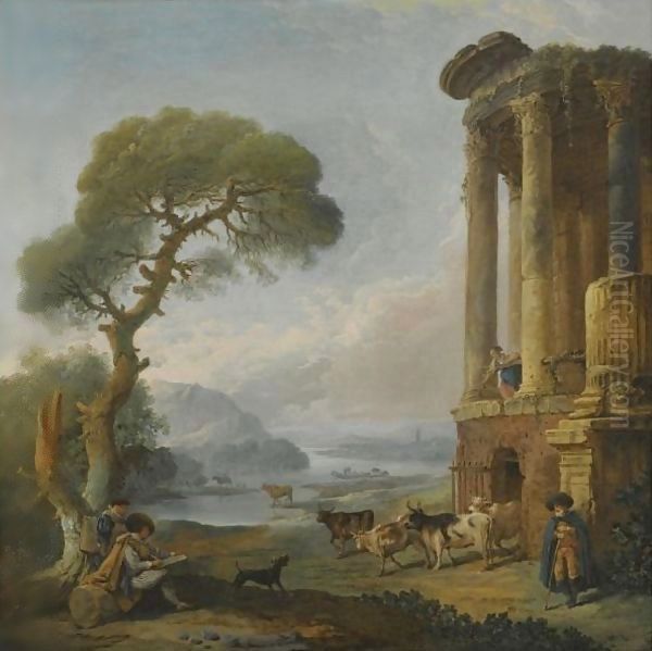 A River Landscape With An Artist Sketching Beneath A Ruined Temple, Possibly The Temple Of The Sibyl At Tivoli Oil Painting by Hubert Robert