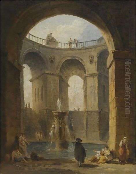 An Architectural Capriccio With Figures Gathered Around A Fountain Oil Painting by Hubert Robert