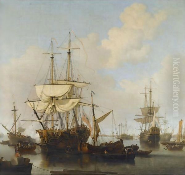 Shipping At Anchor In The Thames Estuary, Near Wapping Oil Painting by Samuel Scott