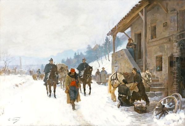 A Cheval Landscape In Winter With Jugglers, Dancing Bears And Gendarmes On Horseback Oil Painting by Edouard Castres