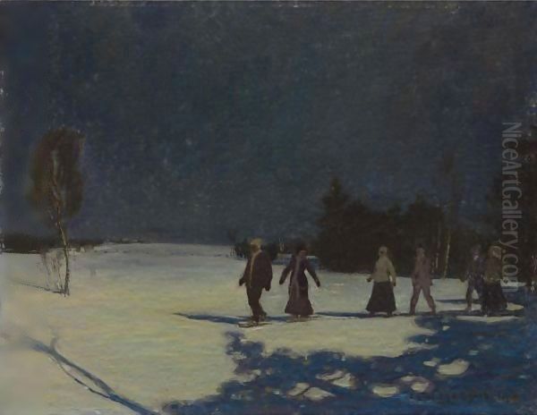 Snowshoeing By Moonlight Oil Painting by James Edward Hervey MacDonald