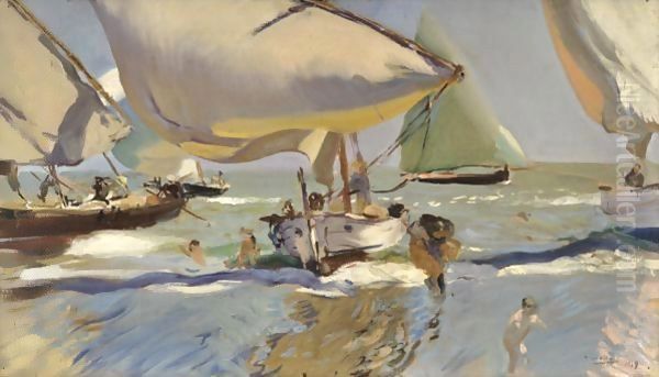 Boats On The Shore Oil Painting by Joaquin Sorolla Y Bastida