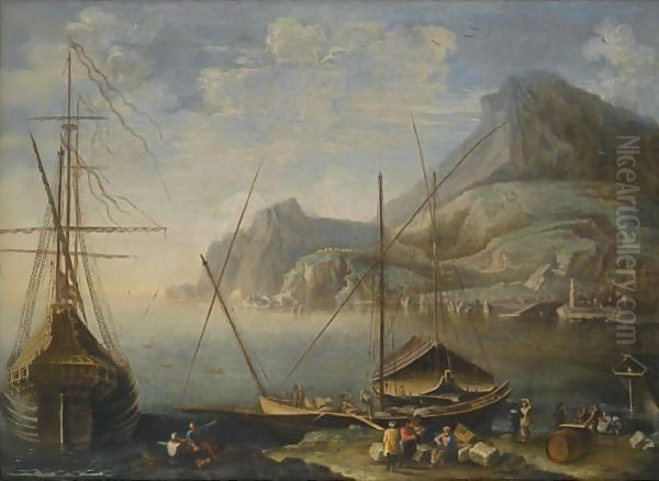 A Mediterranean Coastal Scene With Figures Unloading Cargo From Boats In The Foreground Oil Painting by Agostino Tassi