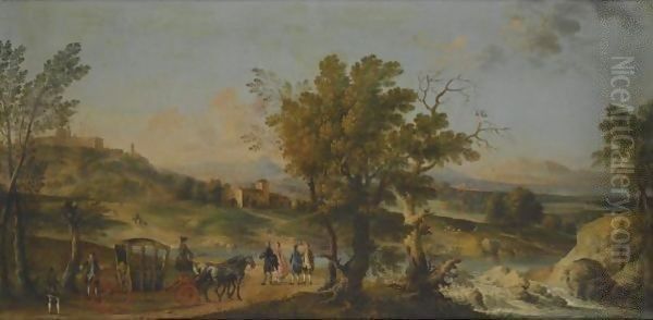 An Elegant Carriage Party Halts On The Via Lauretana, With A Veiw Of Loreto In The Background Oil Painting by Giovanni Battista Tiepolo