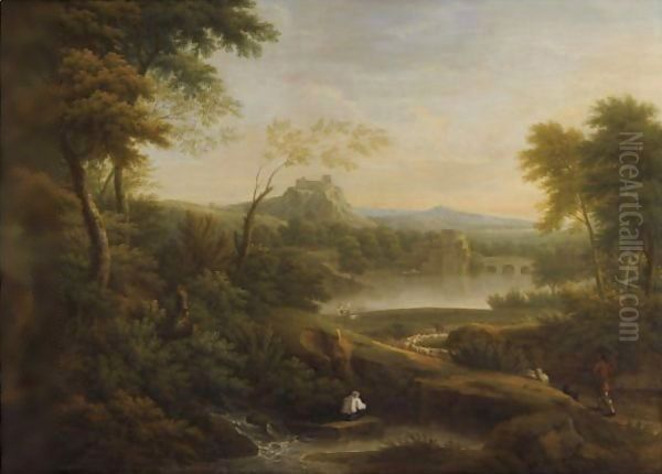 River Landscape With Bridge And Hilltop Castle Oil Painting by George Lambert