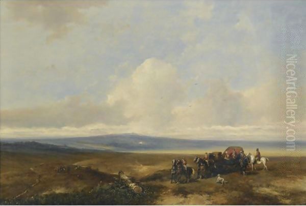 An Extensive Landscape With Elegant Figures In An Open-Topped Carriage, Horsemen Hunting In The Distance Oil Painting by Johannes Franciscus Hoppenbrouwers