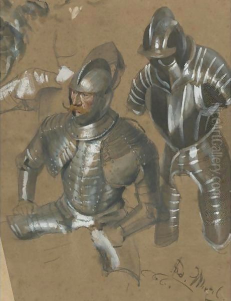 Study Of A Knight And Suit Of Armor Oil Painting by Adolph von Menzel