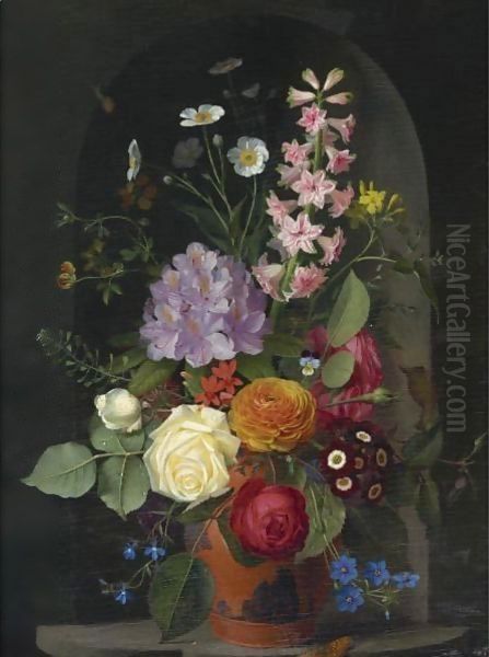 A Bouquet In A Wedgwood Rosso Antico Vase, Set In A Niche Oil Painting by Otto Didrik Ottesen