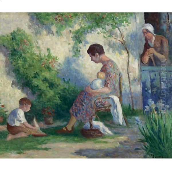 Rolleboise Madame, Jean, Et Madeleine Oil Painting by Maximilien Luce