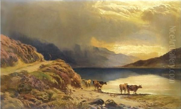 Cattle Watering Beside A Highland Loch Oil Painting by Sidney Richard Percy