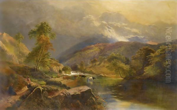 Figures Resting Beside A Highland Loch Oil Painting by Sidney Richard Percy