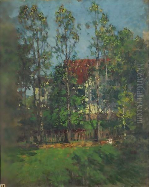 A Red Roof In The Trees Oil Painting by Paul Cornoyer