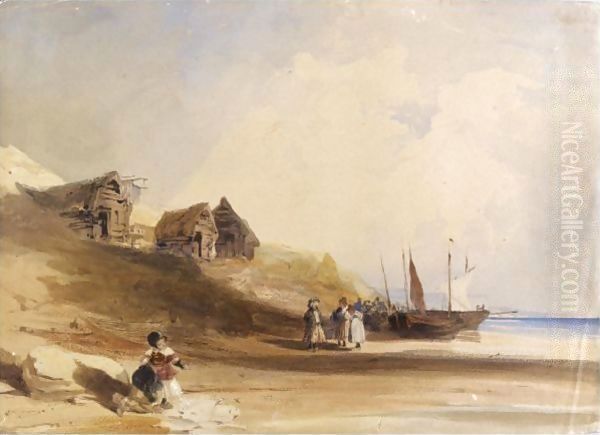 French Coastal Scene Wtih Figures, Boats And Fishing Shacks Oil Painting by Thomas Shotter Boys