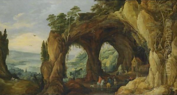 An Extensive River Landscape With Horsemen Before A Rocky Arch In The Foreground Oil Painting by Joos De Momper