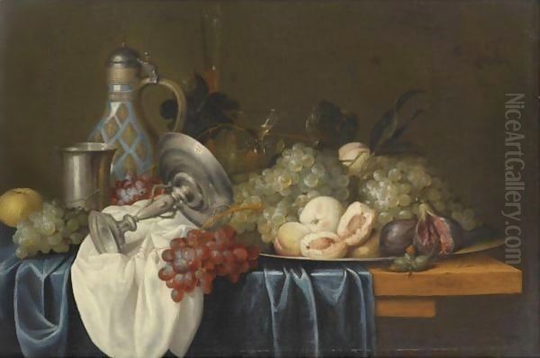 Still Life With Bunches Of Grapes, Peaches And Figs On A Pewter Dish Oil Painting by Alexander Coosemans