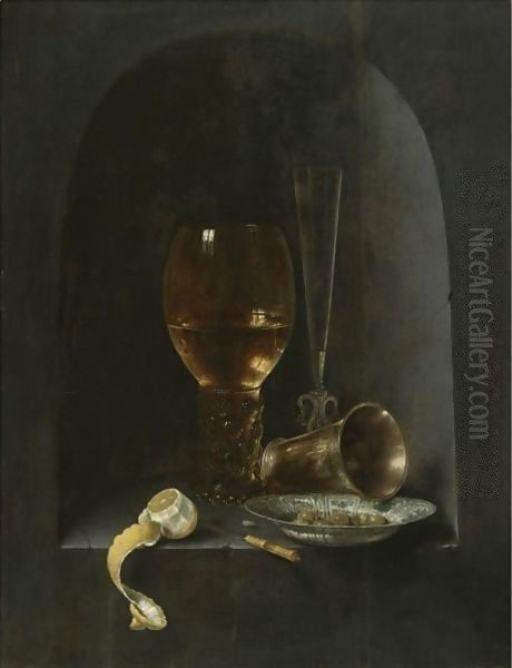 Still Life With A Roemer, A Fluted Wine-Glass, A Silver Goblet, A Blue-And-White Porcelain Bowl Filled With Green Olives Oil Painting by Willem Claesz. Heda