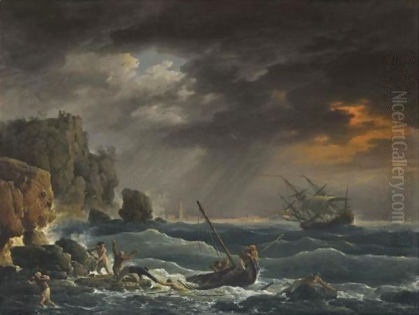 A Mediterranean Coastal Scene With A Shipwreck Oil Painting by Claude-joseph Vernet