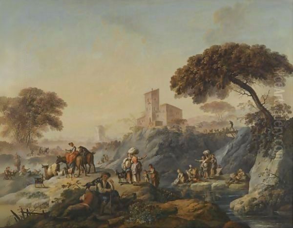 A Southern Landscape With Figures Beside A Stream Oil Painting by Joaquim Marques