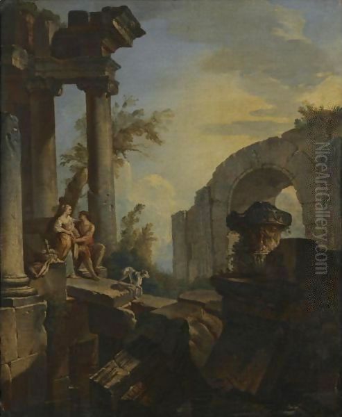 An Architectural Capriccio With A Couple Seated And A Dog Beneath Ruined Columns Oil Painting by Giovanni Paolo Panini