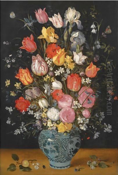 Still Life With Tulips, Roses, Lilies, Irises, Poppies, Hyacinths And Other Flowers In A Blue And White Delft Porcelain Vase Oil Painting by Jan Brueghel the Younger