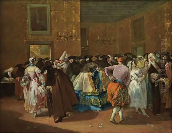 Venice, The Ridotto At Palazzo Dandolo, With Masked Figures Dancing And Conversing Oil Painting by Francesco Guardi