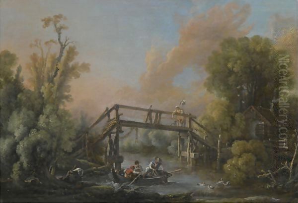 A River Landscape With A Woman Crossing A Bridge And Three Men In A Boat On The River Below Oil Painting by Francois Boucher