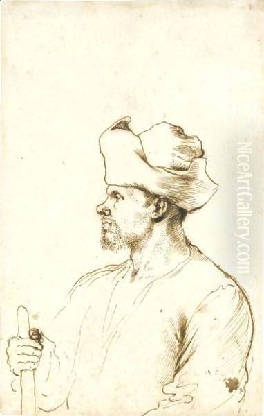 A Man Seen In Profile, Half Length, Wearing A Hat And Holding A Stick Oil Painting by Giovanni Francesco Barbieri