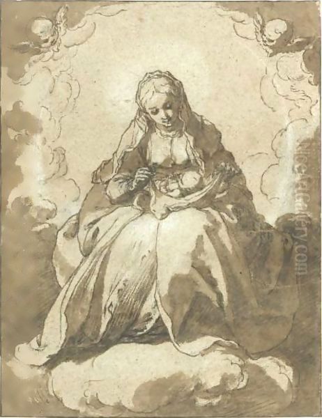 The Madonna Seated On The Crescent Moon, The Christ Child On Her Lap Oil Painting by Abraham Bloemaert