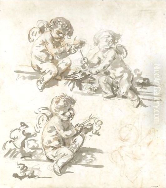 Three Studies Of Putti Oil Painting by Jean Baptiste Greuze