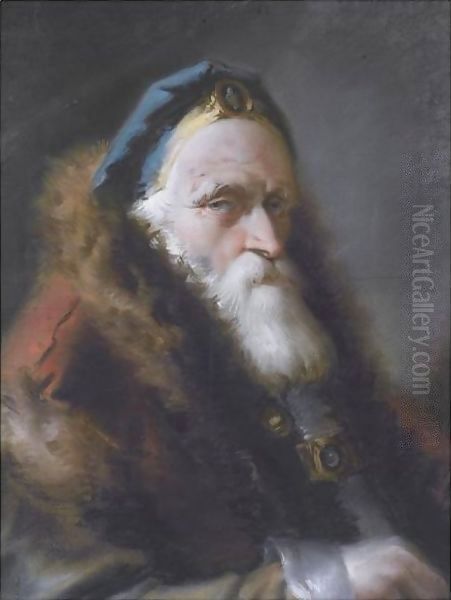 Portrait Of An Oriental, Head And Shoulders, Wearing A Bejewelled Blue Hat And A Red Fur-Trimmed Coat Oil Painting by Lorenzo Baldissera Tiepolo