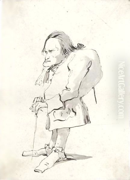 A Caricature Of A Man With Hunched Back Holding A Stick Oil Painting by Giovanni Battista Tiepolo