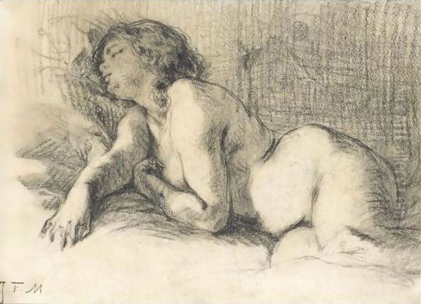 A Reclining Female Nude Oil Painting by Jean-Francois Millet