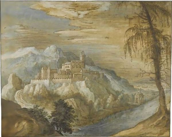 Mountainous River Landscape With A Fortified Town Oil Painting by Joos De Momper