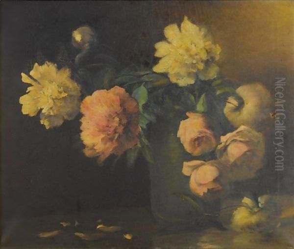 Peonies And Roses In A Green Vase Oil Painting by Charles Ethan Porter