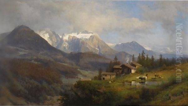 An Alpine Village Oil Painting by Herman Herzog