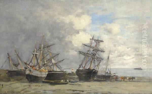 Portrieux. Bateaux Echoues. Maree Basse Oil Painting by Eugene Boudin