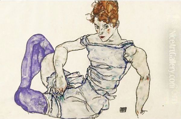 Sitzende Frau Mit Violetten Strumpfen Oil Painting by Egon Schiele