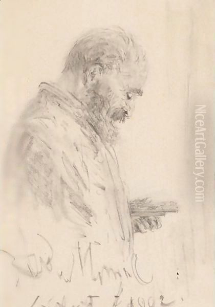 Study Of A Man Holding A Sketch Pad And A Box Of Pencils Oil Painting by Adolph von Menzel