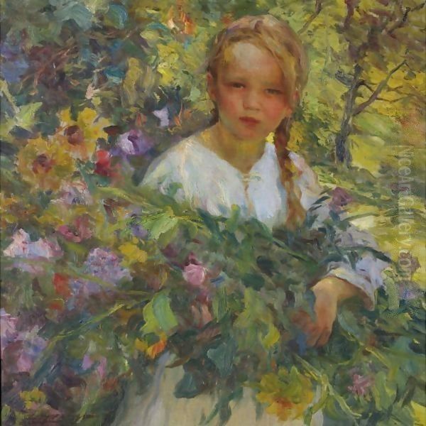 A Girl With Flowers Oil Painting by Luis Graner Arrufi