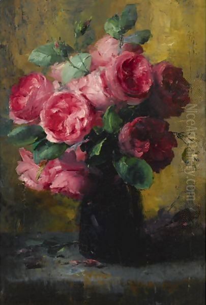 Pink Roses In A Vase 2 Oil Painting by Frans Mortelmans