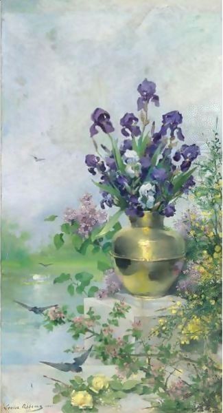 A Vase Of Irises On The Terrace Oil Painting by Louise Abbema