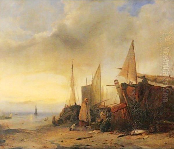 Ships At Low Tide Oil Painting by Jacobus Jacobs