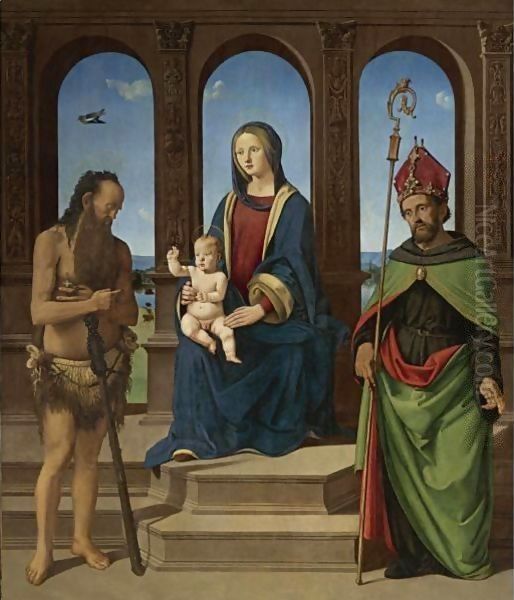 The Madonna And Child Enthroned With Saints Onophrius And Augustine Oil Painting by Piero Di Cosimo