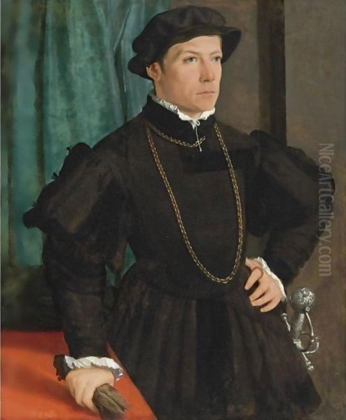 Portrait Of Hans Jakob Fugger, Three-Quarter Length, Before A Green Drape Oil Painting by Christoph Amberger